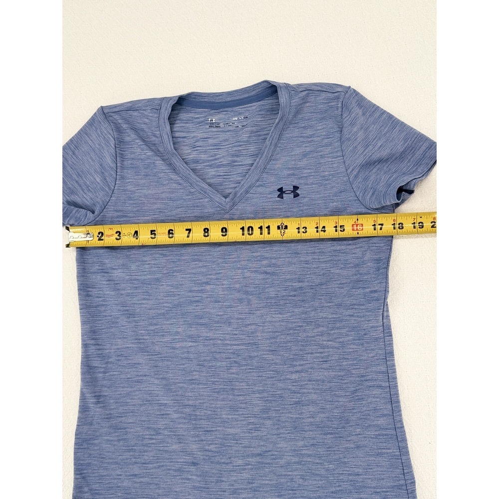 Under Armour Women Small Blue Heather Space Dye V-Neck HeatGear T-Shirt Slim Fit - Picture 3 of 7